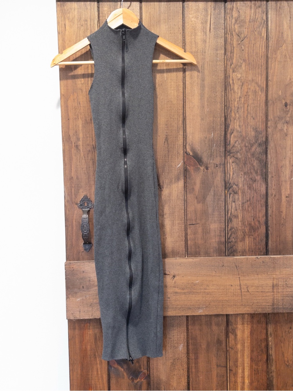 Naked Wardrobe Charcoal Gray Bodycon Rib Knit Zip Front Midi Dress XS